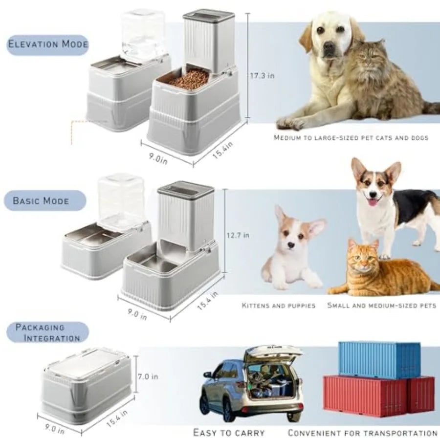Elevated Dog Bowls Set, 1 Gallon Automatic Gravity Food Feeder and Water Dispenser with Stainless Steel Bowls, Adjustable Eleva