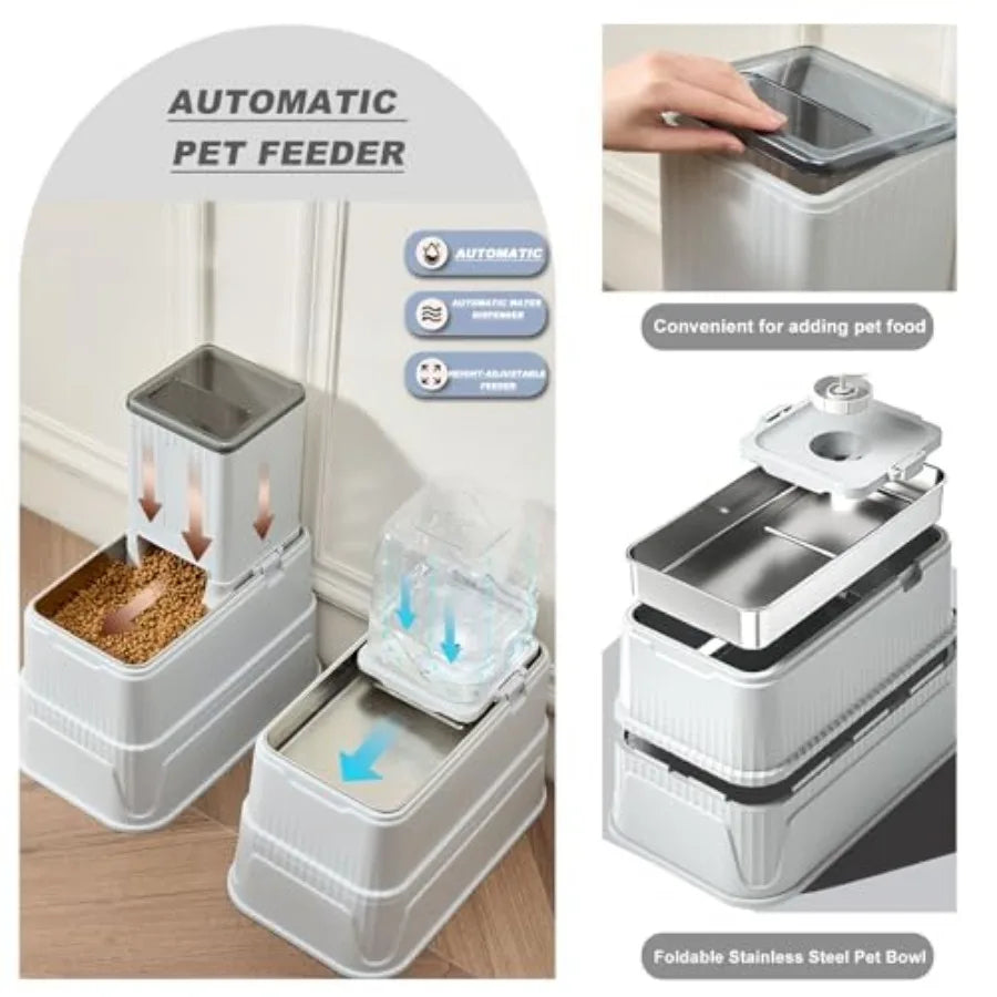 Elevated Dog Bowls Set, 1 Gallon Automatic Gravity Food Feeder and Water Dispenser with Stainless Steel Bowls, Adjustable Eleva
