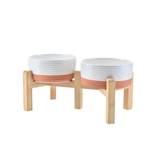 Elevated Dog Bowls Ceramic 6.1'' Dogs and Cat Food Water Bowls Raised with Non-Slip Bamboo Stand for Medium Sized Breed Microwa
