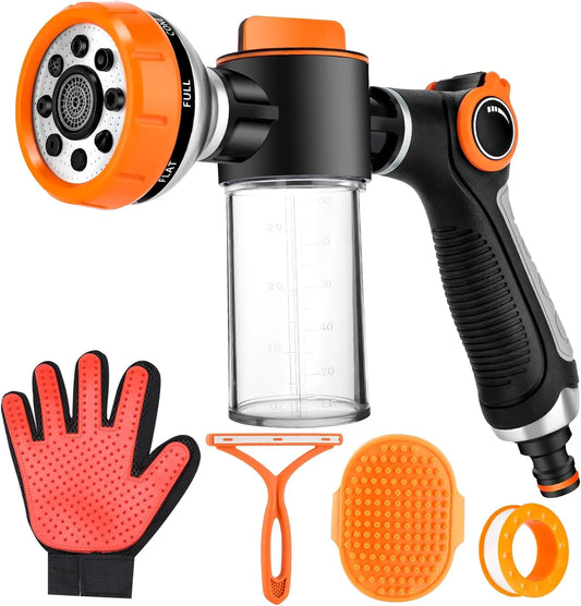 Dog Washing Hose Attachment, 8 Spray Patterns Dog Wash with 3.5oz 100cc Soap Dispenser, Dog Washing Gloves, Dog Bath Brush, Suitable for Watering Plant, Patio, Cleaning, Showering Pet