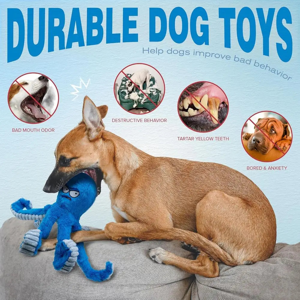 Tough Dog Toys, Stued Chew Large Dog Toys to Keep Them Busy, Interactive Squeaky Tug o War De Toy, Crinkle Blue Plus