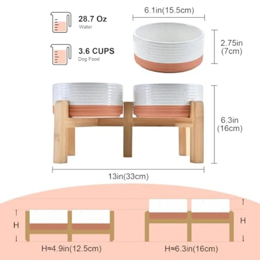 Elevated Dog Bowls Ceramic 6.1'' Dogs and Cat Food Water Bowls Raised with Non-Slip Bamboo Stand for Medium Sized Breed Microwa