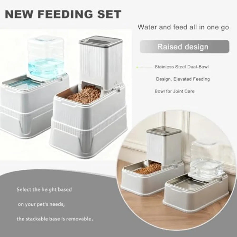Elevated Dog Bowls Set, 1 Gallon Automatic Gravity Food Feeder and Water Dispenser with Stainless Steel Bowls, Adjustable Eleva