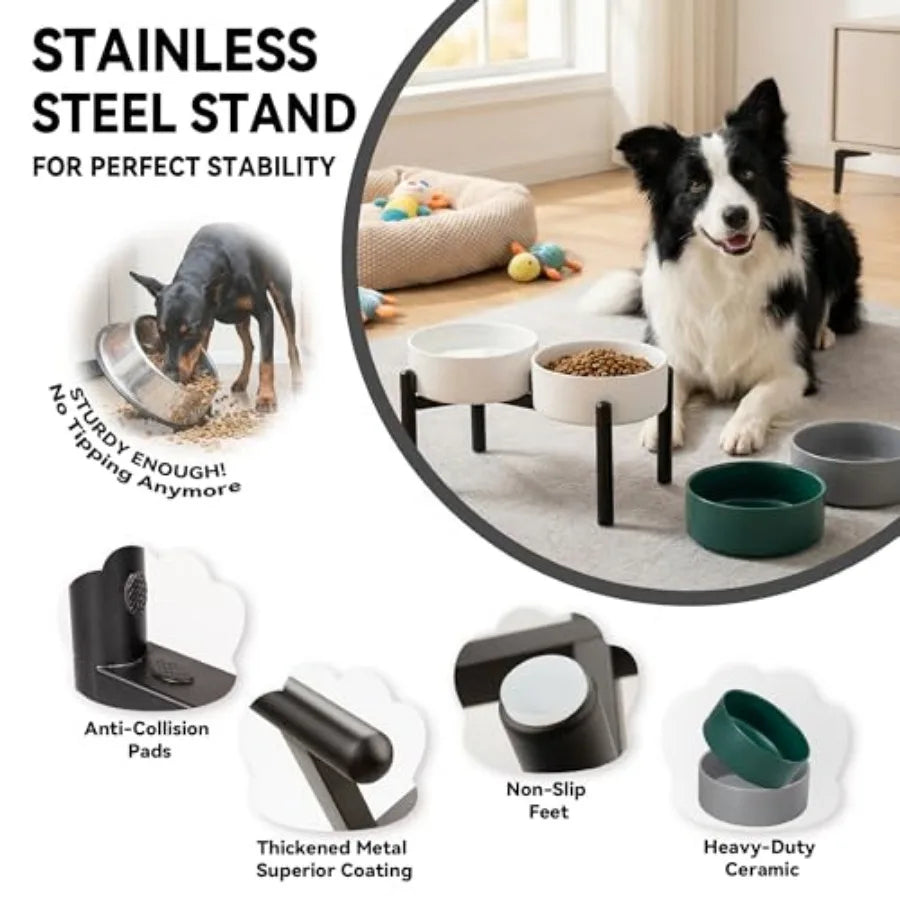 Dog Bowls Elevated - Ceramic Raised Dog Bowl with Non Slip Steel Stainless Stand - No Spill and Heated Feeding Station - Food a