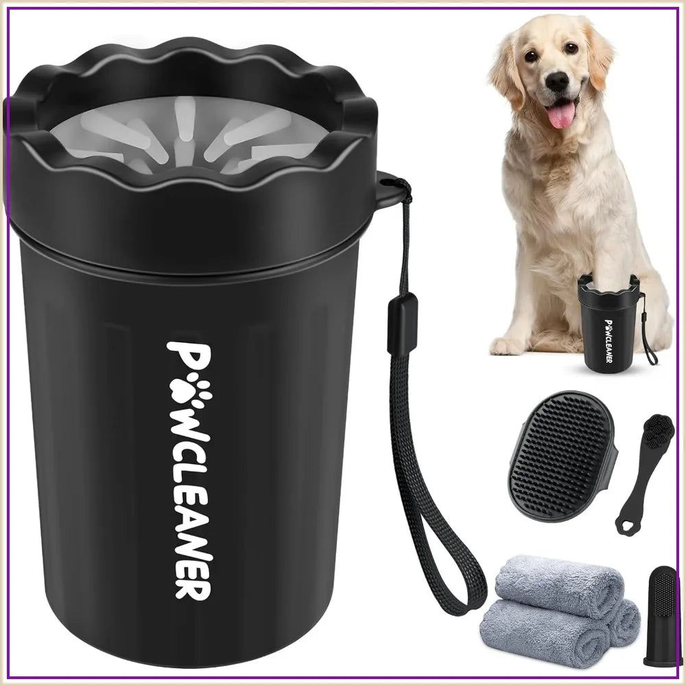 7 in 1 Dog Paw Cleaner for Dogs & Cats - Portable Paw Washer, Bath Brush, 2 Toothbrushes, 3 Towels (Medium, Black)