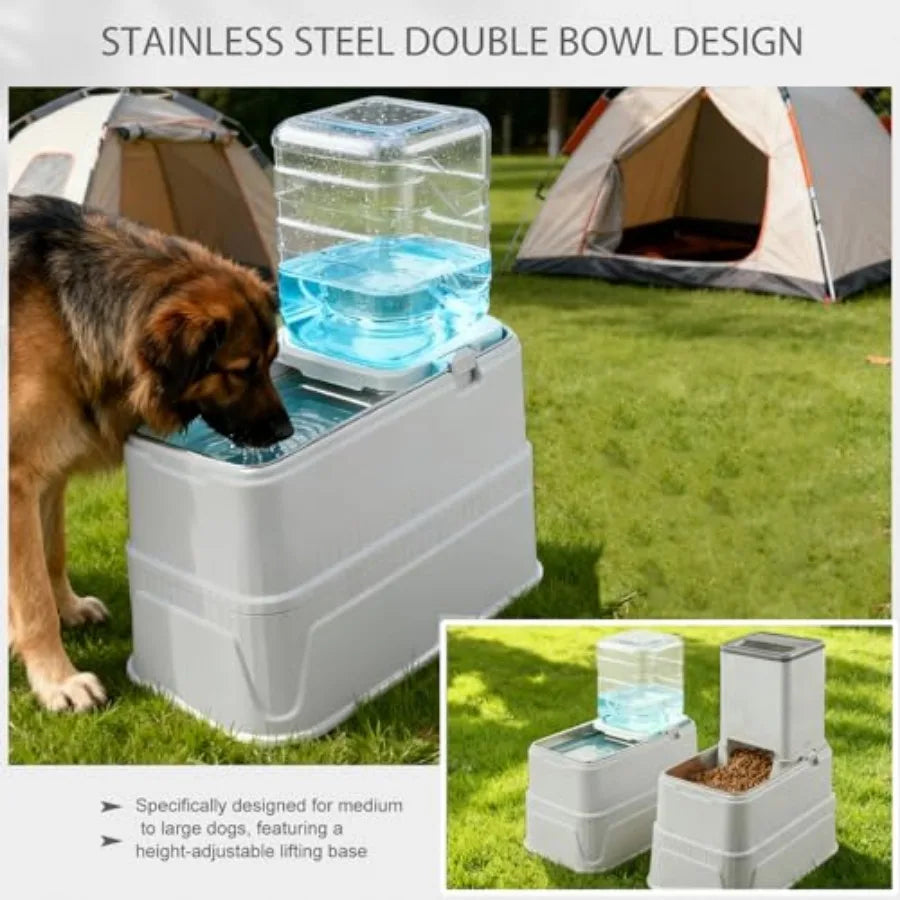 Elevated Dog Bowls Set, 1 Gallon Automatic Gravity Food Feeder and Water Dispenser with Stainless Steel Bowls, Adjustable Eleva