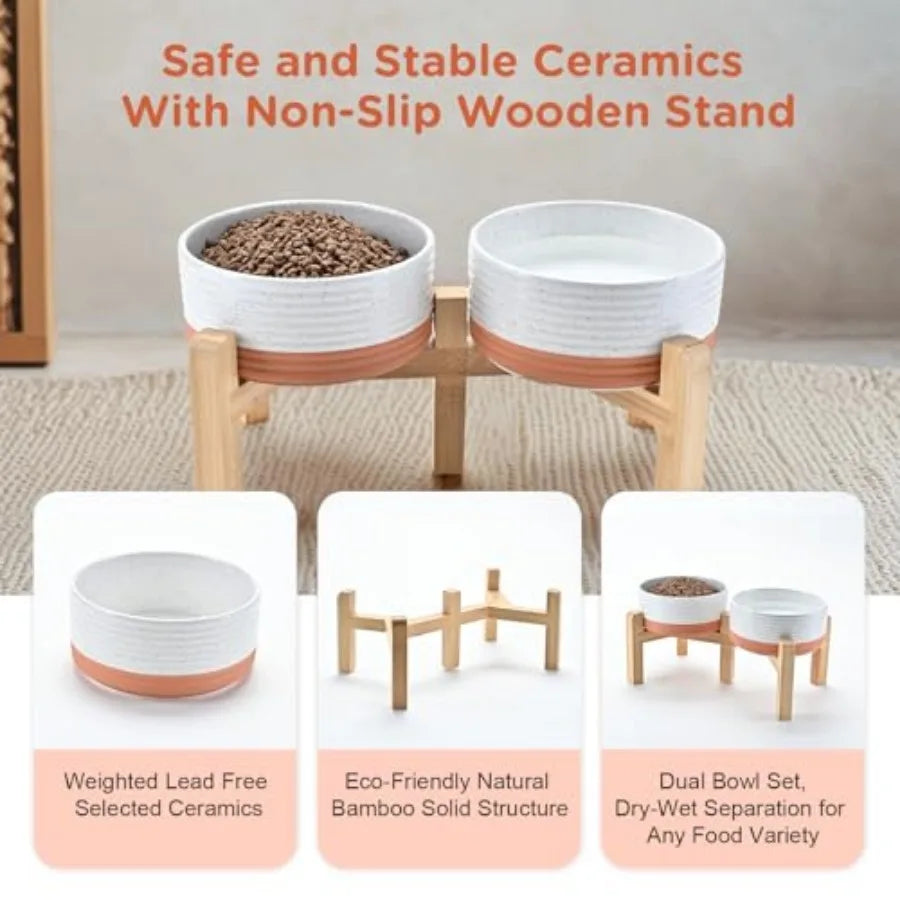 Elevated Dog Bowls Ceramic 6.1'' Dogs and Cat Food Water Bowls Raised with Non-Slip Bamboo Stand for Medium Sized Breed Microwa