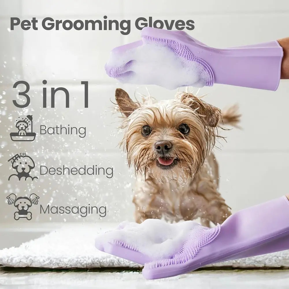 Pet Grooming Gloves 1 Pair: Soft and Gentle Silicone Dog Washing Gloves - Bathing Scrubber Brush Mitt Grooming Shedding Fur Remo
