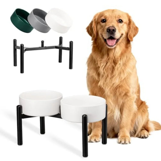 Dog Bowls Elevated - Ceramic Raised Dog Bowl with Non Slip Steel Stainless Stand - No Spill and Heated Feeding Station - Food a