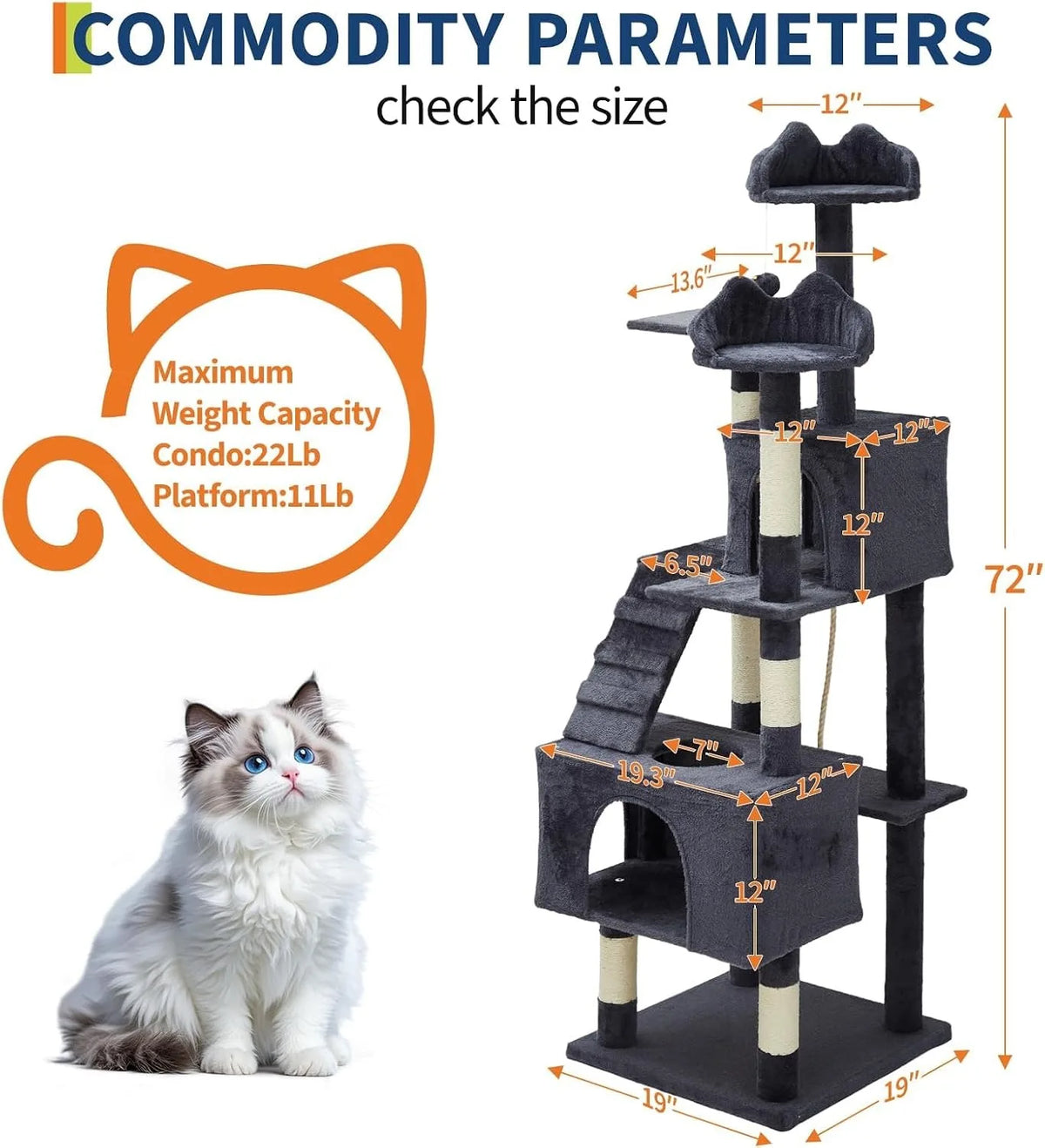 72 Inch Large Cat Tree Tower with Scratching Posts, Multi Level Cat Condo Furniture with Perches, Hammock & Toys, Stable Indoor Activity Center for Cats