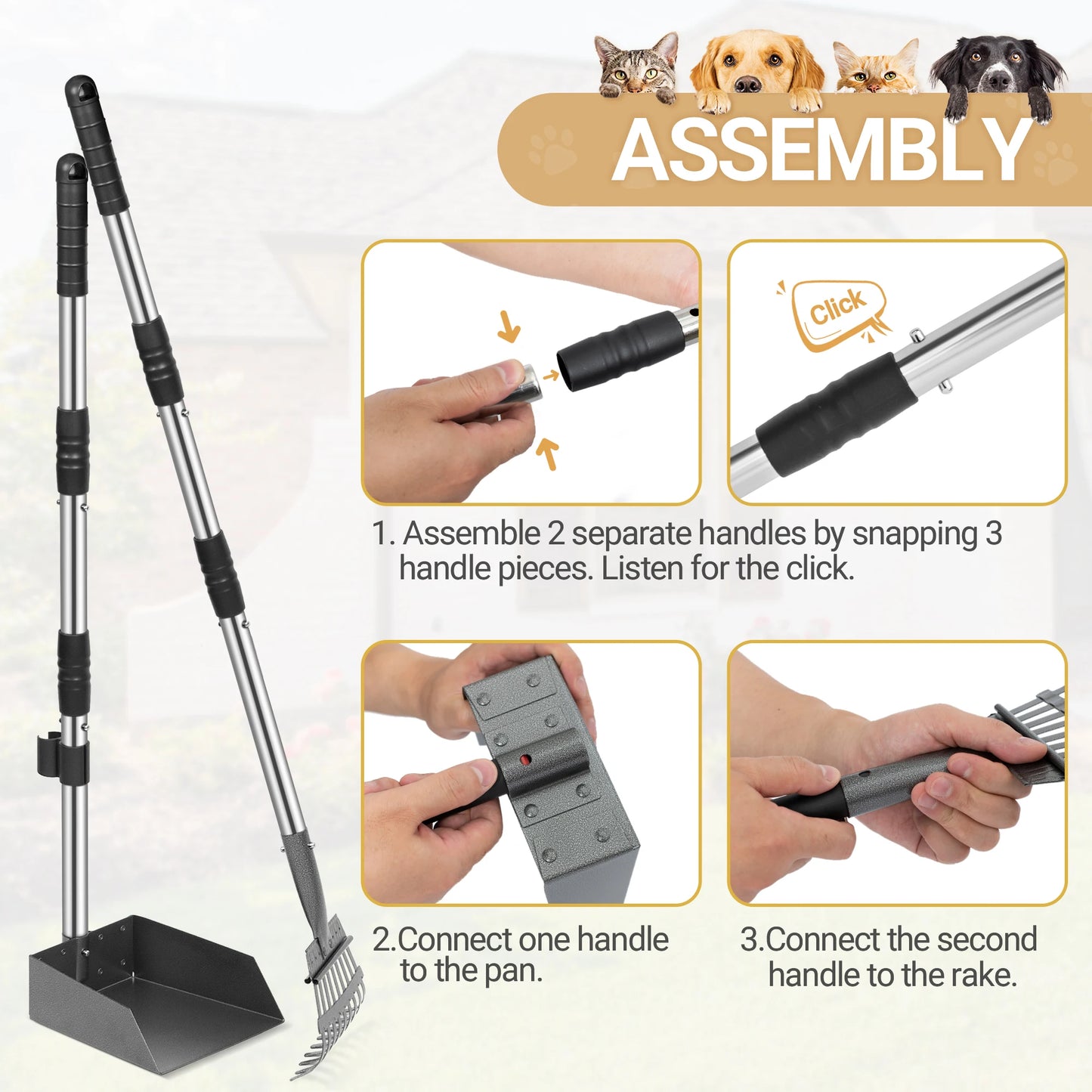 Dog Pooper Scooper, Dog Poop Tray and Rake Set, Pet Waste Removal Scoop with Long Adjustable Sectional Stainless Handles