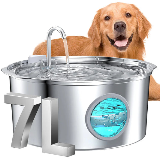 7L Large Capacity Stainless Steel Pet Water Fountain, Filtered Silent Water Pump, Pet Drinking Bowl for Dogs and Multiple Cats