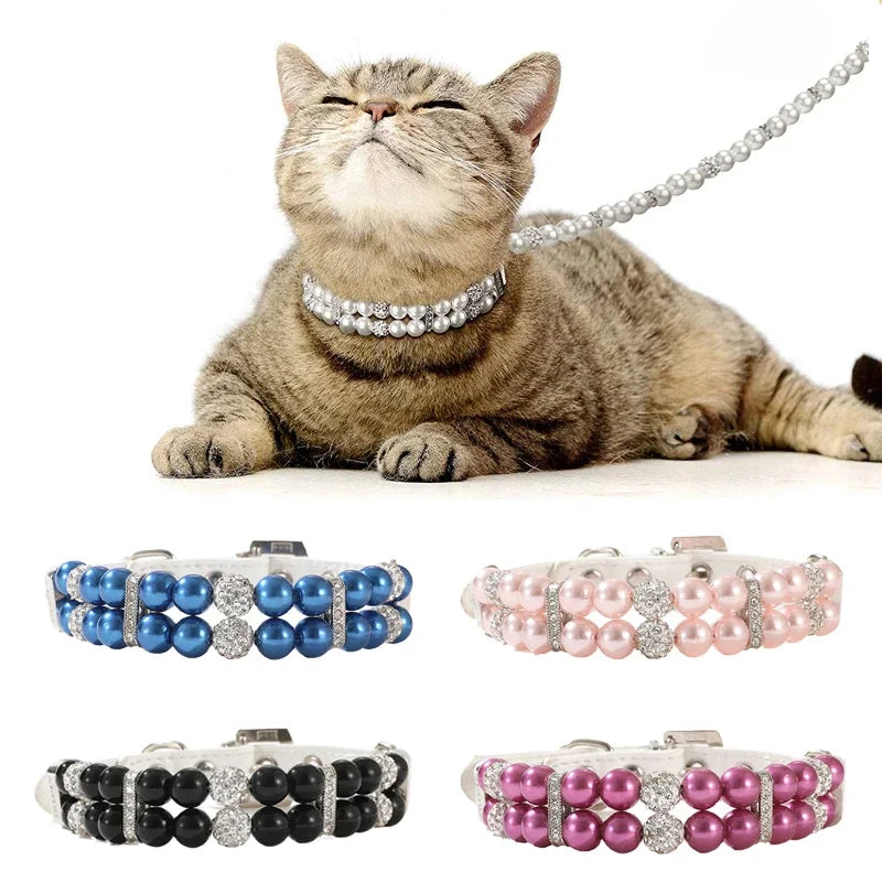 Luxury Pearl Sphynx Cat Necklace Collar Adjustable for Small Cats Pet Collars and Leash Set Kitten Garfield Pet Accessories