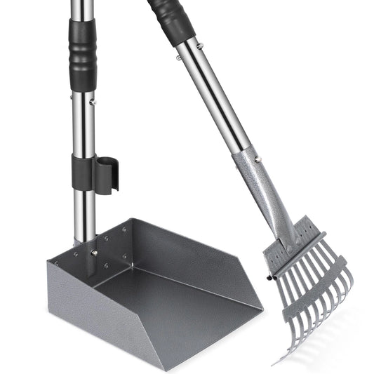 Dog Pooper Scooper, Dog Poop Tray and Rake Set, Pet Waste Removal Scoop with Long Adjustable Sectional Stainless Handles