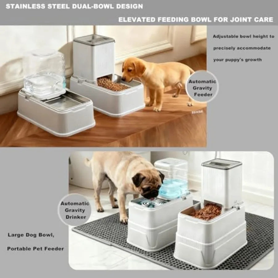 Elevated Dog Bowls Set, 1 Gallon Automatic Gravity Food Feeder and Water Dispenser with Stainless Steel Bowls, Adjustable Eleva