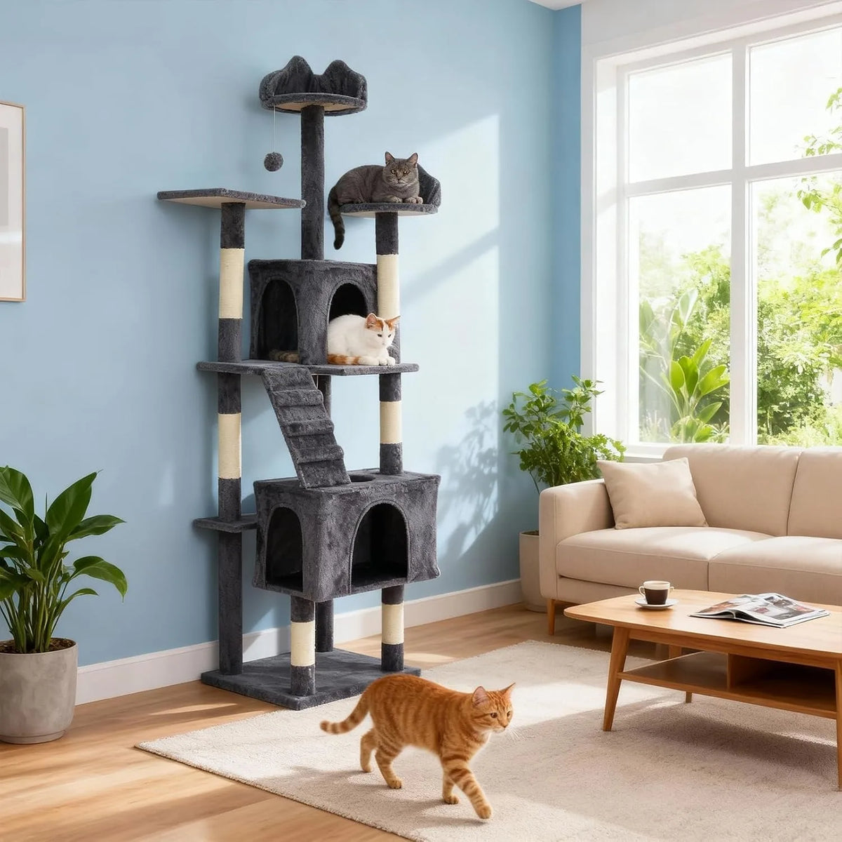 72 Inch Large Cat Tree Tower with Scratching Posts, Multi Level Cat Condo Furniture with Perches, Hammock & Toys, Stable Indoor Activity Center for Cats